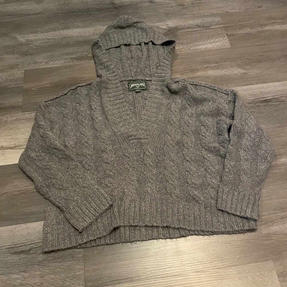 American Eagle Gray Cable Knit Hooded Sweater Womens XS V-Neck Pullover Hoodie